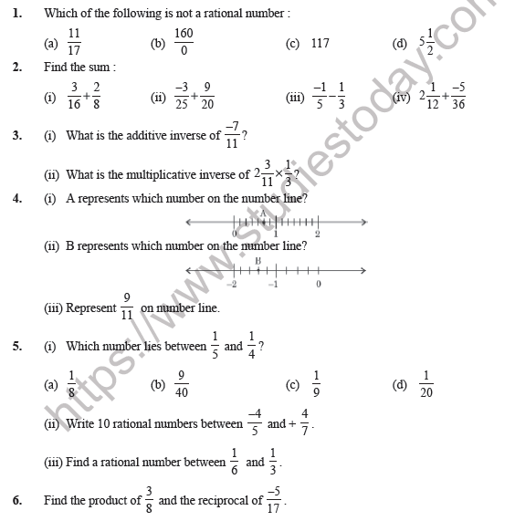 Rational Numbers Class 8 Worksheet Icse